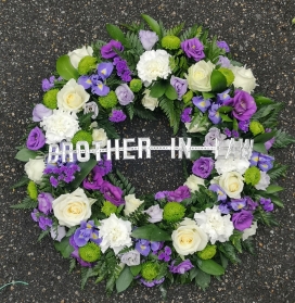 purple, white, green, wreath, funeral, tribute, flowers, oasis, posy, florist, harold wood, romford, havering, brentwood, dagenham, delivery