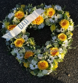 heart, gold, yellow, white, sympathy, funeral, tribute, wreath, oasis, flowers, florist, delivery, harold wood, romford, havering