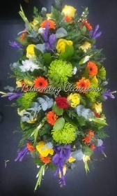 coffin, spray. casket, tribute, flowers, funeral, Caribbean, bright, funky,  divine, deluxe, florist, harold wood, romford, havering, delivery