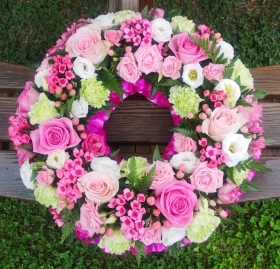 wreath, circle, pink, white, oasis, funeral, tribute, flowers, harold wood, romford, florist, delivery