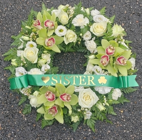 wreath, circle, orchid, white, oasis, funeral, tribute,oasis, man, woman, male, female, flowers, harold wood, romford, havering, florist, delivery