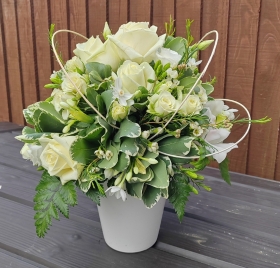 white, flowers, rose, orchid, pot, seasonal, mixed stems, gift, a little something, birthday, sympathy, arrangement in oasis, floris,t harold wood, romford, brentwood, dagenham, delivery,