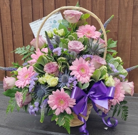 funeral flowers, basket, oasis, lilac, pink, purple, white, sympathy, male, female, harold wood florist, delivery, romford