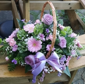 funeral flowers, basket, oasis, lilac, pink, purple, white, sympathy, male, female, harold wood florist, delivery, romford