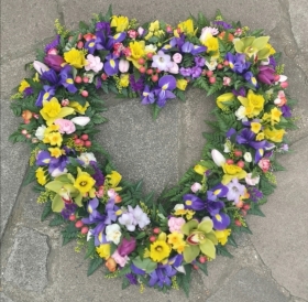 heart, colourful, male, female, spring flowers, springtime, spring, funeral, tribute, wreath, flowers, florist, delivery, harold wood, romford havering