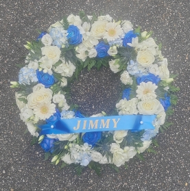 wreath, circle, blue, white, man, male, oasis, funeral, tribute, flowers, harold wood, romford, florist, delivery, havering