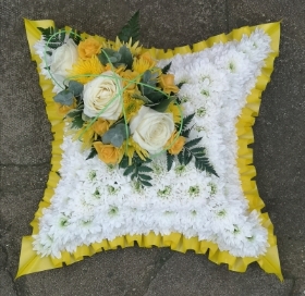cushion, pillow, posy, posies, blue, yellow, white, man, male, woman, female, funeral, tribute, wreath, flowers, florist, delivery, harold wood, romford, havering