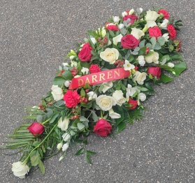 funeral flowers, spray, oasis, colourful, red roses, white roses, harold wood florist, delivery, romford