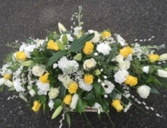 casket, coffin, spray, white, yellow, male, female, roses, funeral, tribute, flowers, oasis, harold wood, romford, havering, delivery