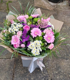 bouquet, handtie, flowers, pink, purple, green, aqua, water bubble, gift, bunch, florist, birthday, anniversary, harold wood, romford, havering, delivery