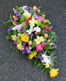 funeral flowers, spray, oasis, spring ,colourful, harold wood florist, delivery, romford