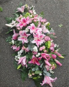 coffin, spray. casket, tribute, flowers, funeral, lily, lilies, pink, divine, deluxe, florist, harold wood, romford, havering, delivery