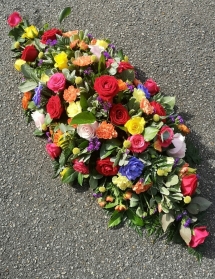 casket, coffin, spray, roses, colourful, summer, bright, male, female, funeral, tribute, flowers, oasis, harold wood, romford, havering, delivery