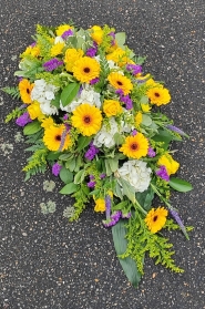 casket, coffin, spray, yellow, purple, male, female, roses, funeral, tribute, flowers, oasis, wreath, harold wood, romford, havering, delivery