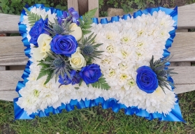 cushion, pillow, posy, posies, blue, pastels, white, funeral, tribute, wreath, flowers, florist, delivery, harold wood, romford, havering