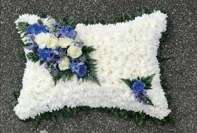 cushion, pillow, posy, posies, blue, pastels, white, funeral, tribute, wreath, flowers, florist, delivery, harold wood, romford, havering