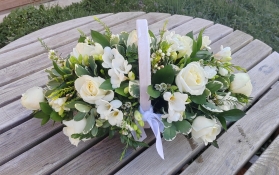 funeral flowers, basket, oasis, rose, freesia, white, sympathy, male, female, harold wood florist, delivery, romford, havering