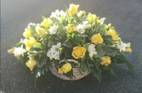 funeral flowers, basket, oasis, rose, freesia, white, sympathy, male, female, harold wood florist, delivery, romford, havering