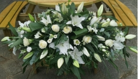 casket, coffin, spray, lily, lilies, white, male, female, roses, funeral, tribute, flowers, oasis, harold wood, romford, havering, delivery