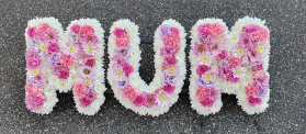 letters, name, mum, mummy, pinks, yellows, whites, mother,  funeral flowers, oasis, tribute, wreath,delivery, harold wood, romford, havering