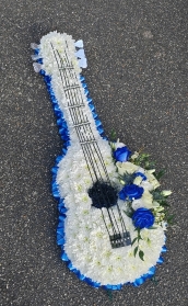 Acoustic, guitar, funeral, flowers, tribute, wreath, wood, white, strings, music, musician, bespoke, oasis, harold wood, romford, havering, delivery