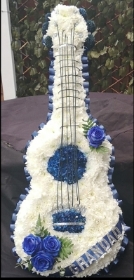 Acoustic, guitar, funeral, flowers, tribute, wreath, wood, white, strings, music, musician, bespoke, oasis, harold wood, romford, havering, delivery