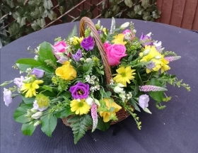 funeral flowers,pink, purple, yellow, oasis, basket, colourful, tribute, sympathy, male, female, harold wood florist, delivery, romford, havering