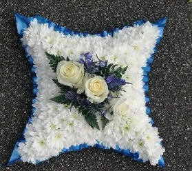 cushion, pillow, posy, posies, blue, yellow, white, man, male, woman, female, funeral, tribute, wreath, flowers, florist, delivery, harold wood, romford, havering