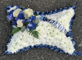 cushion, pillow, posy, posies, blue, pastels, white, funeral, tribute, wreath, flowers, florist, delivery, harold wood, romford, havering