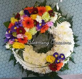 wreath, circle, bright, funky, white, oasis, based, funeral, tribute, flowers, harold wood, romford, florist, delivery, havering 