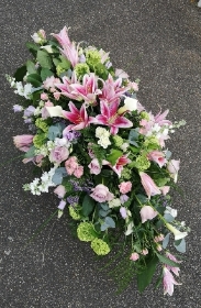 coffin, spray. casket, tribute, flowers, funeral, lily, lilies, pink, divine, deluxe, florist, harold wood, romford, havering, delivery