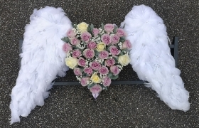 angel, wings, angelic,heart, heaven, feathers, posy, posies, funeral, tribute, wreath, flowers, florist, delivery, harold wood, romford, havering