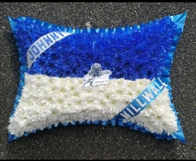 Football, millwall, lion, pillow, blue, white, the lions, the dockers, the den, funeral, flowers, tribute, romford, harold wood, havering, delivery
