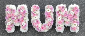 letters, name, mum, mummy, pinks, yellows, whites, mother,  funeral flowers, oasis, tribute, wreath,delivery, harold wood, romford, havering