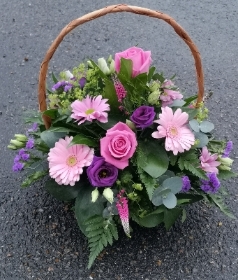 basket, arrangement, purple, pink, flowers, oasis, funeral, flowers, tribute, florist, harold wood, romford, havering, delivery