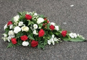 funeral flowers, spray, oasis, colourful, red roses, white roses, harold wood florist, delivery, romford