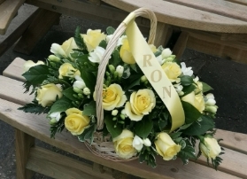funeral flowers, basket, oasis, rose, freesia, white, sympathy, male, female, harold wood florist, delivery, romford, havering