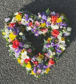 heart, colourful, male, female, spring flowers, springtime, spring, funeral, tribute, wreath, flowers, florist, delivery, harold wood, romford havering
