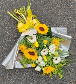 sheaf, sheaves, flat bouquet, funeral bouquet, Sunflowers, yellows, funeral, tribute, oasis, posy, flowers, florist, harold wood, romford, havering, delivery
