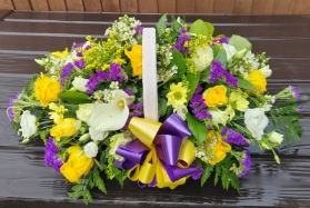 basket, arrangement, purple, yellow, flowers, oasis, funeral, flowers, tribute, florist, harold wood, romford, havering, delivery